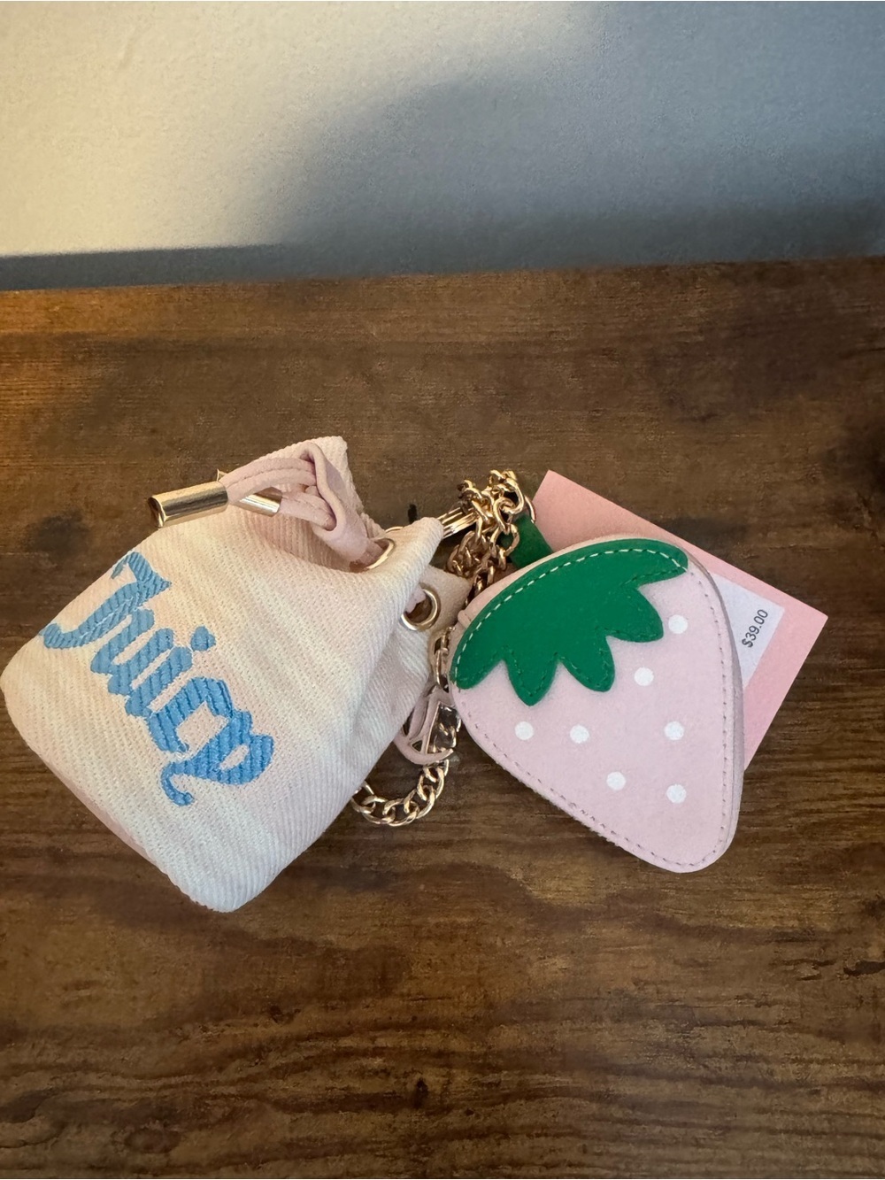 Juicy Couture Pink Strawberry Charm Keychain with Green Leaf